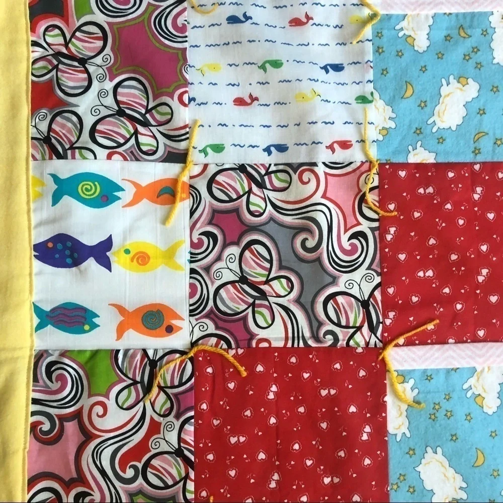 VTG Handmade Baby Crib Quilt Colorblock Patchwork M Pebbles Bam Bam Print 52X46”